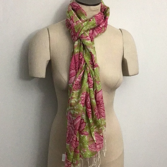 Lilly Pulitzer Murfee Floral Scarf Green Pink Silk And Cashmere